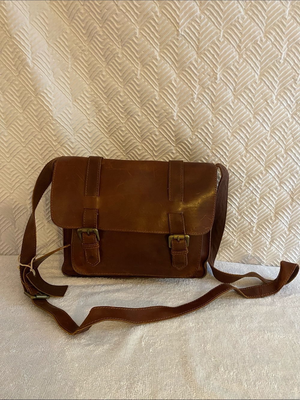 Fat face dark brown weathered Leather messenger bag brass hardware